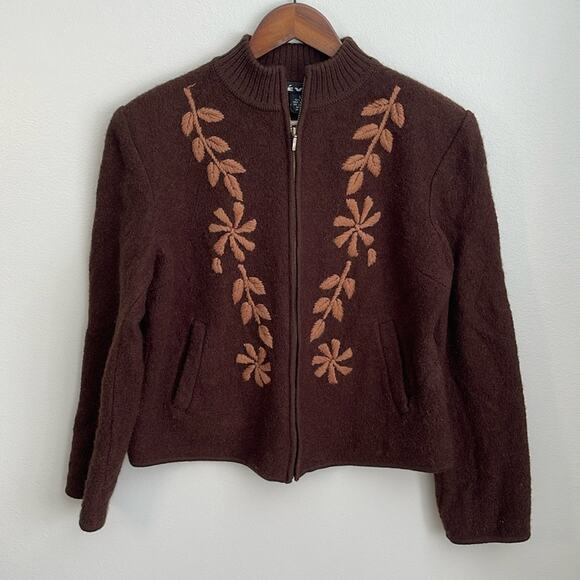 Revue Brown Vintage Wool Leaf Zip Up Cardigan Sweater Size L - Picture 1 of 3